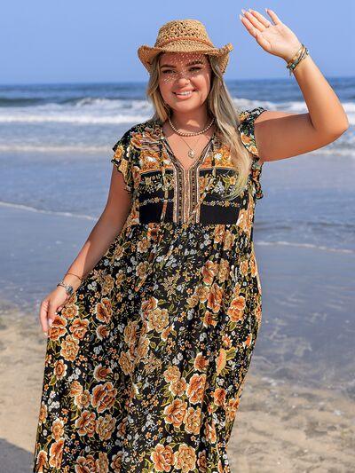 Plus Size Printed V-Neck Ruffle Cap Sleeve Maxi Dress