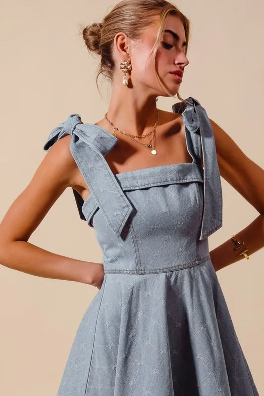 SO ME A Line Fit and Flare Diamond Bow Ribbon Denim Dres
