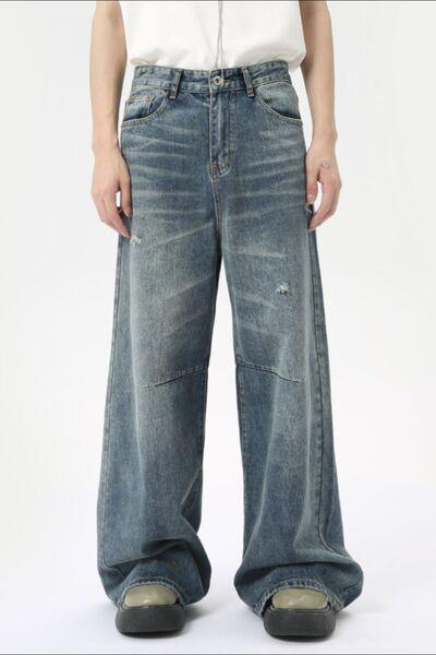 Distressed Wide Leg Men's Jeans with Pockets