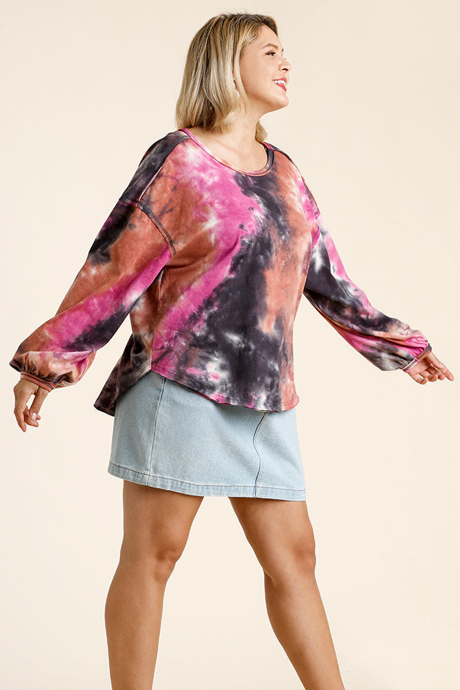 Umgee Full Size Tie Dye Round Neck Long Balloon Sleeve Top Plus Size - Clothes For Her Online Store