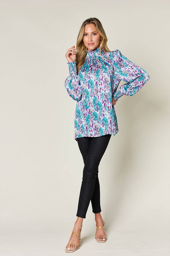 Double Take Full Size Printed Smocked Long Sleeve Blouse - Clothes For Her Online Store