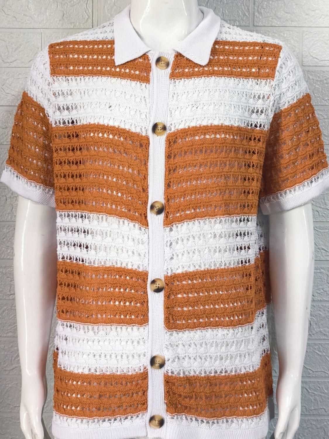 Men's Button Down Collared Neck Contrast Openwork Shirt - Clothes For Her Online Store