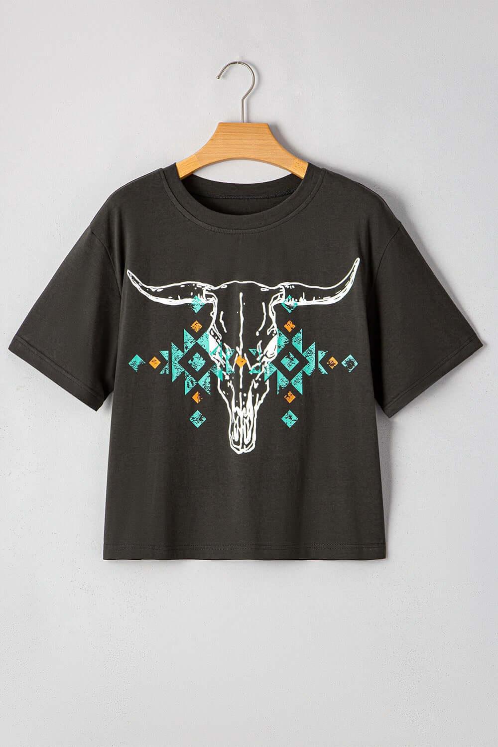 Bull Head Skull Round Neck Short Sleeve T Shirt