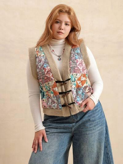 Plus Size Printed Sherpa Vest Coat - Clothes For Her Online Store