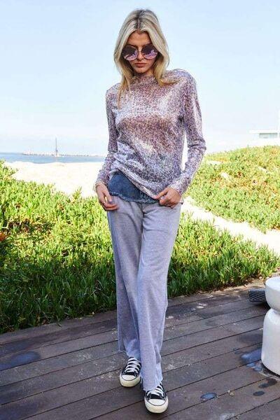 Davi & Dani Sequin Mock Neck Long Sleeve Mesh Top - Clothes For Her Online Store