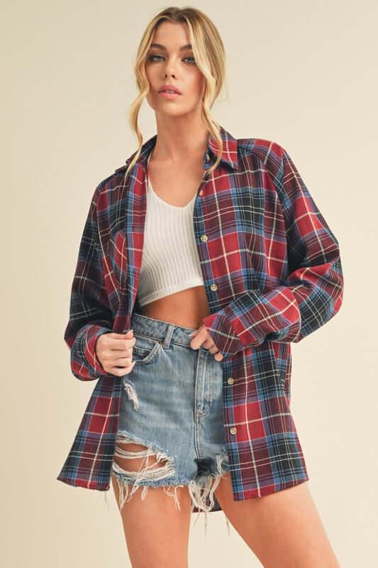 Aemi + Co Flannel Plaid Button Up Raglan Sleeve Shirt