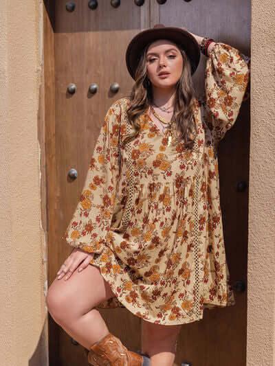 Plus Size Printed V-Neck Balloon Sleeve Mini Dress - Clothes For Her Online Store