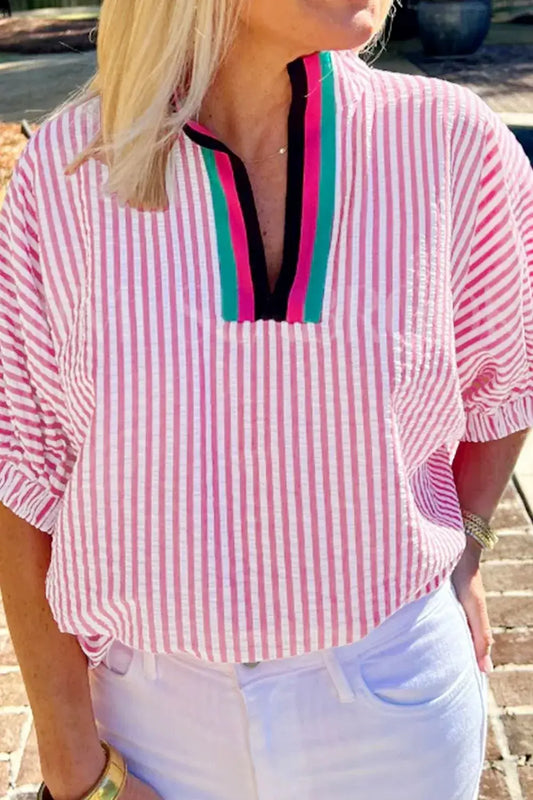 Striped Print Contrast Split Neck Dolman Sleeve Blouse