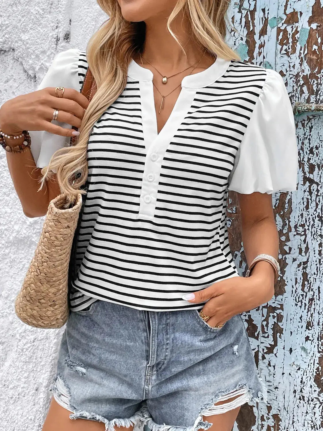 Striped Notched Short Sleeve T-Shirt - Clothes For Her Online Store