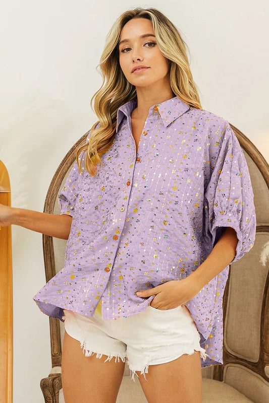 BiBi Sequin Striped Short Dolman Sleeve Blouse