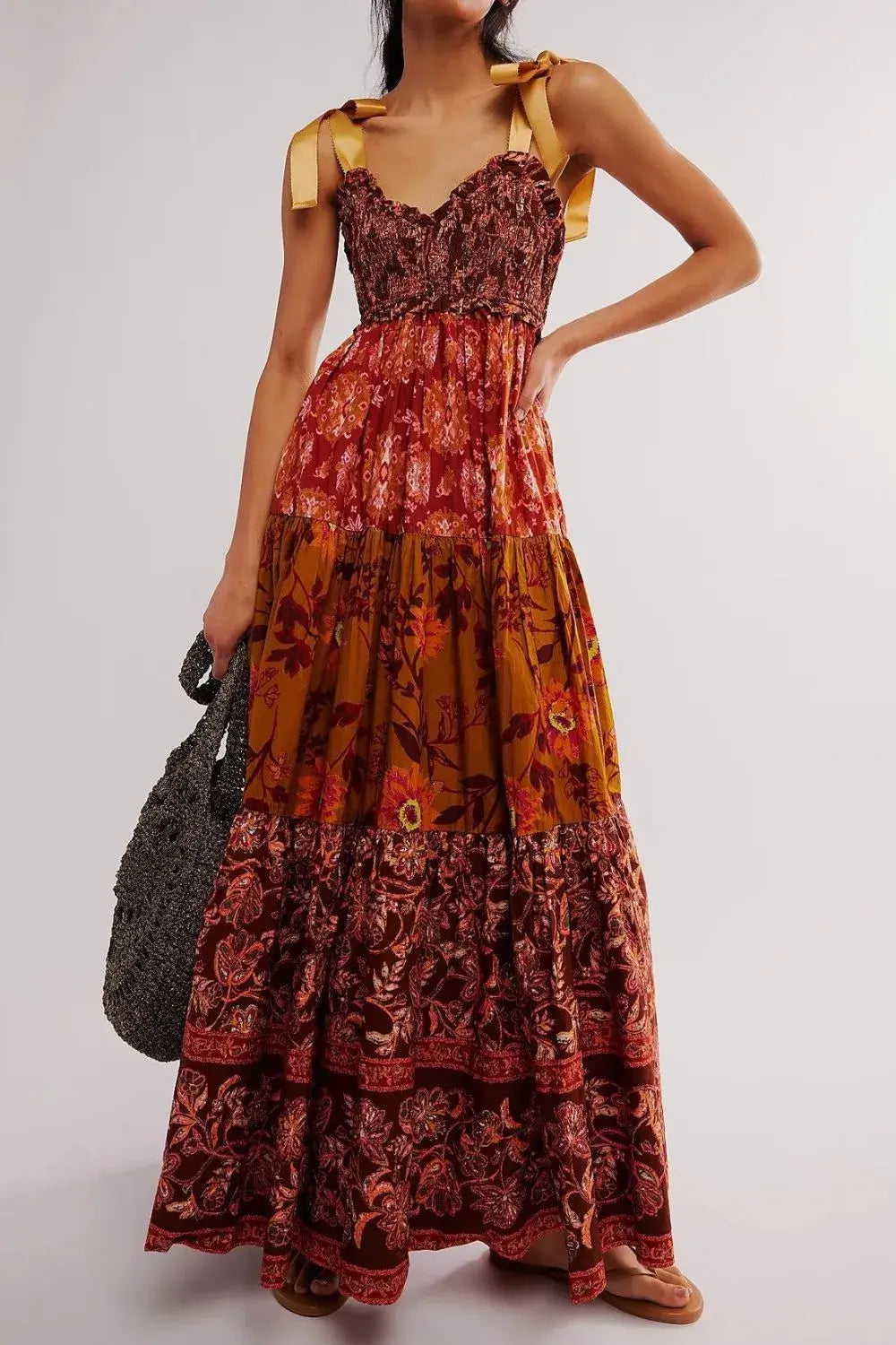 Floral Tiered Maxi Dress with Mixed Print Design