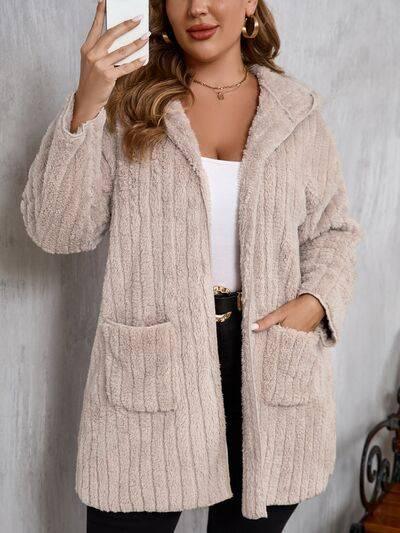 Plus Size Open Front Long Sleeve Hooded Fuzzy Jacket - Clothes For Her Online Store