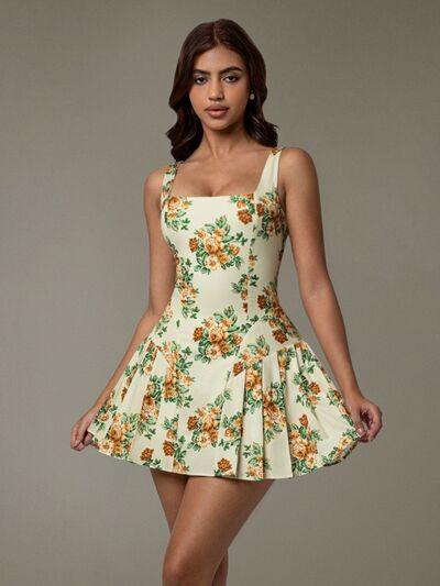 Floral Sleeveless Mini Pleated Dress