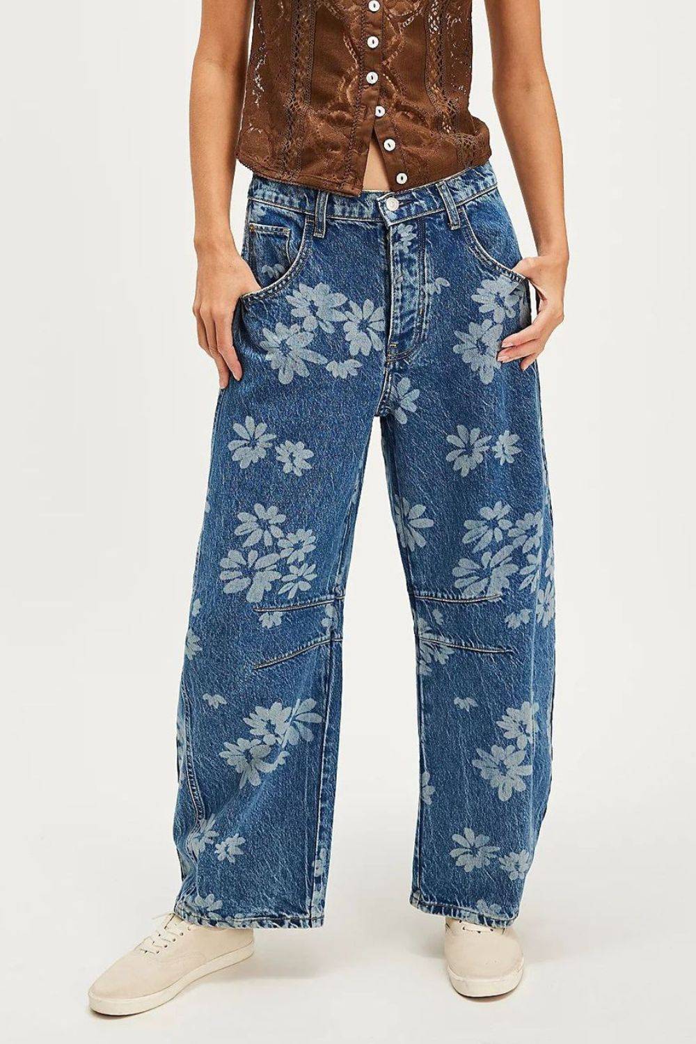 Flower Print Wide Leg Jeans - Clothes For Her Online Store