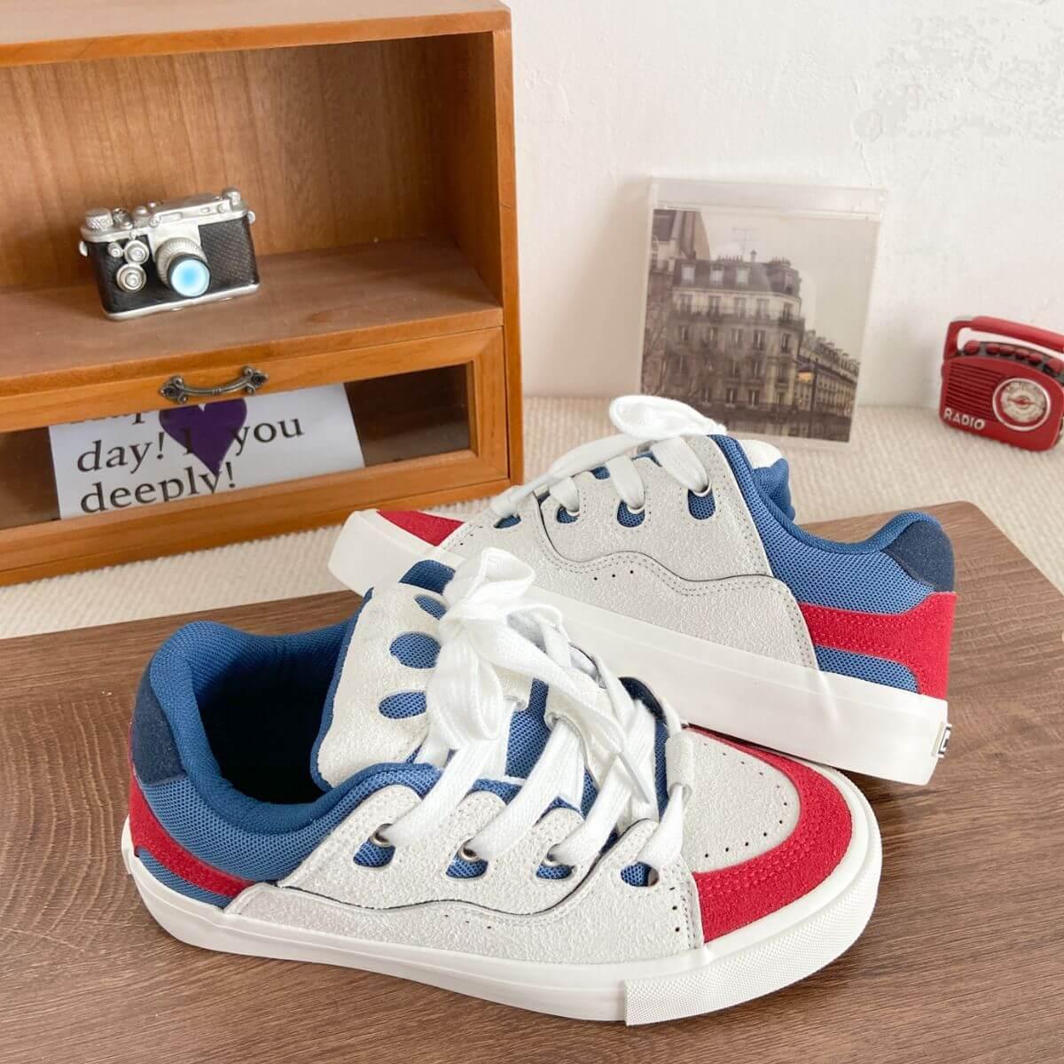 Contrast Lace Up Round Toe Flats Sneakers - Clothes For Her Online Store
