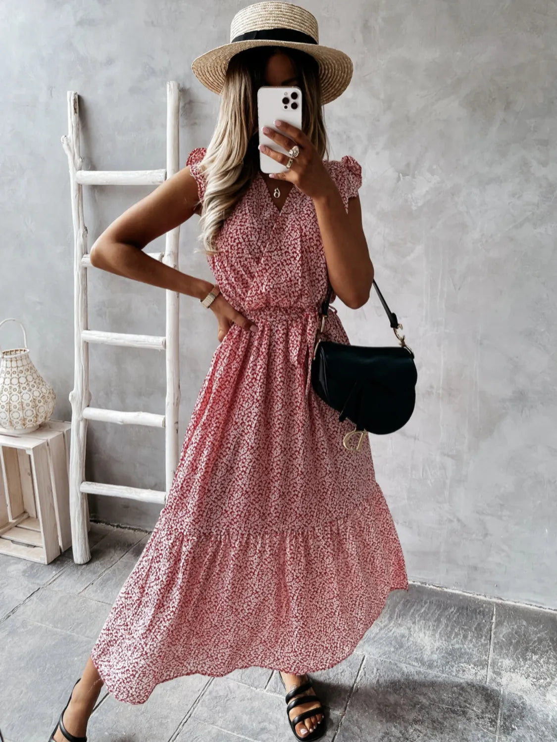 Ruffled Surplice Printed Cap Sleeve Dress