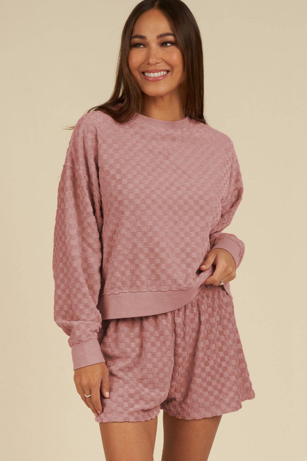 Round Neck Long Sleeve Checkered Top and Shorts Set - Clothes For Her Online Store