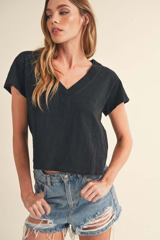 Aemi + Co Side Slit V-Neck Short Sleeve Cropped T-Shirt