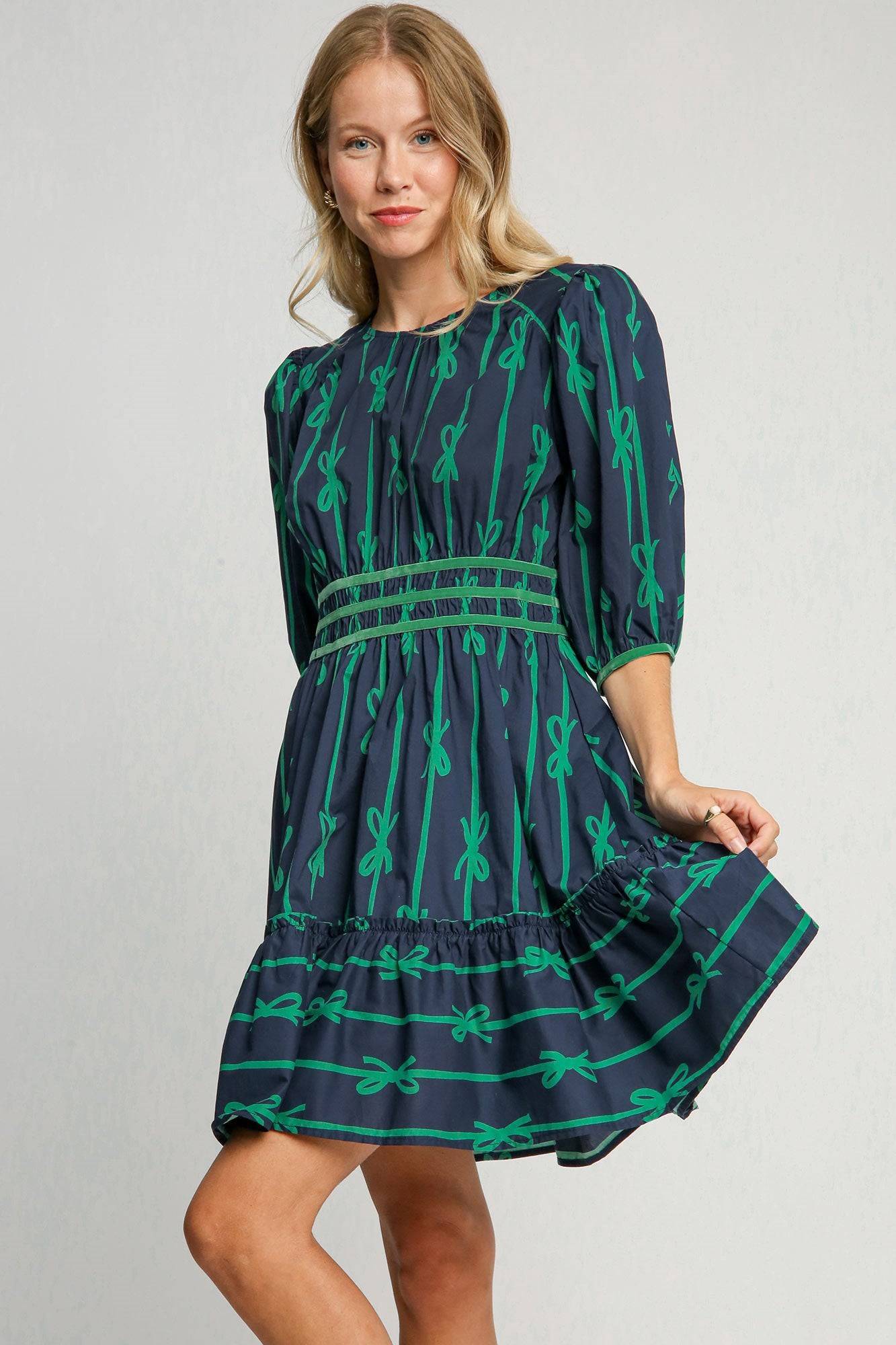 Umgee Ribbon Print Frill Contrast Velvet Trim Half Sleeve Dress - Clothes For Her Online Store