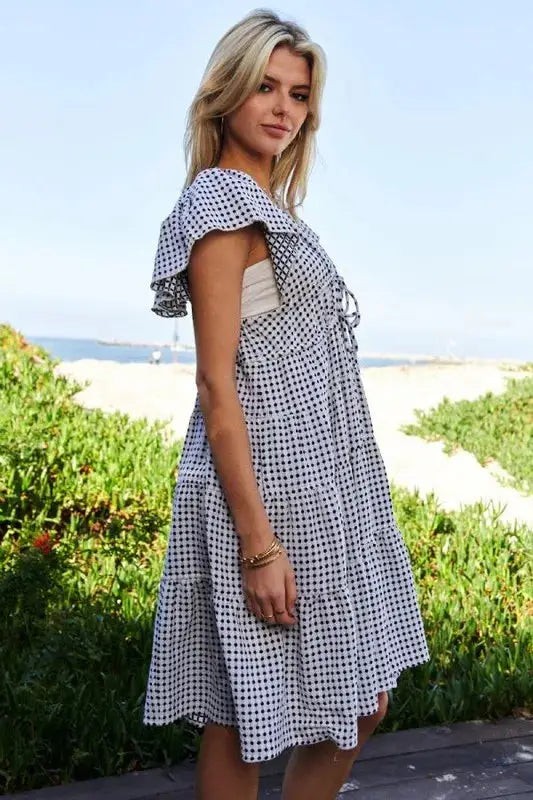 Davi & Dani Jacquard V-Neck Flutter Cap Sleeve Tiered Dress - Clothes For Her Online Store