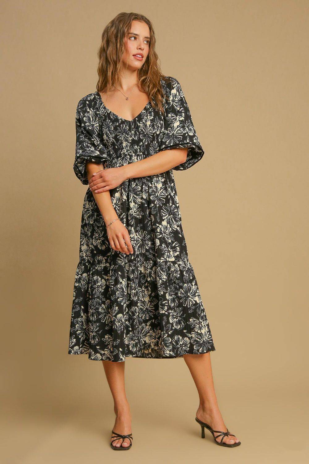 Umgee Ruffle Hem Flower Printed V-Neck Dress - Clothes For Her Online Store
