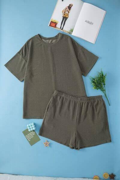Plus Size Round Neck Top and Pocketed Shorts Set - Clothes For Her Online Store