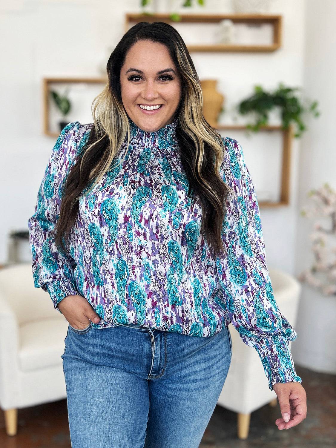 Double Take Full Size Printed Smocked Long Sleeve Blouse - Clothes For Her Online Store