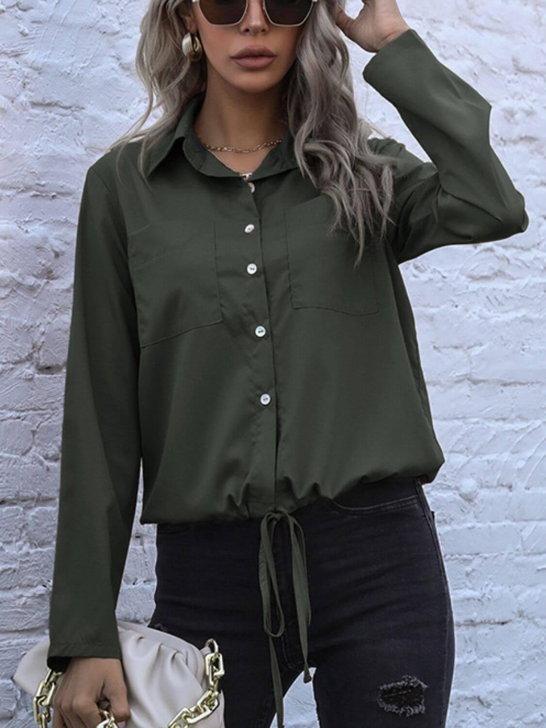 Perfee Tied Hem Button Down Long Sleeve Shirt