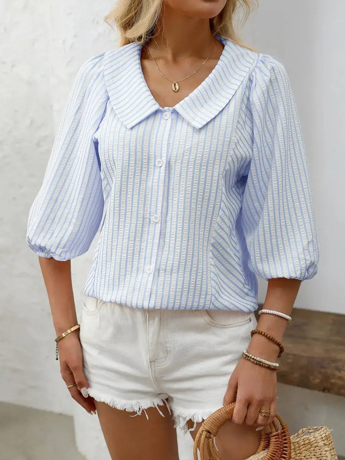 Striped Button Down 3/4 Sleeve Shirt - Clothes For Her Online Store