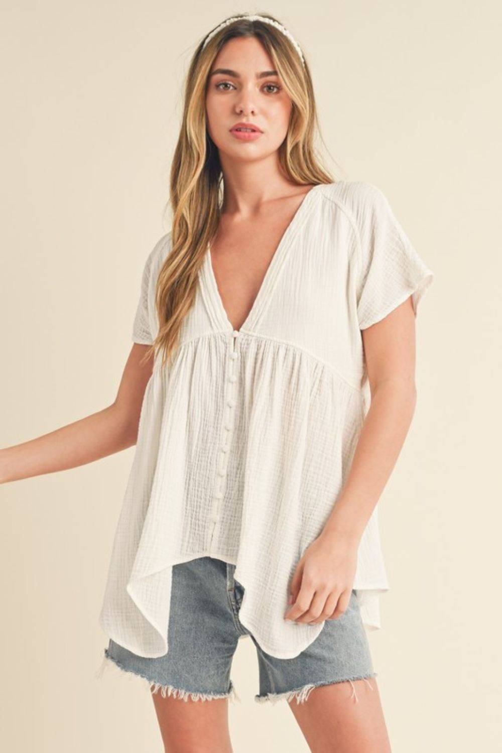 Aemi + Co Tuck Detail V-Neck Short Sleeve Blouse