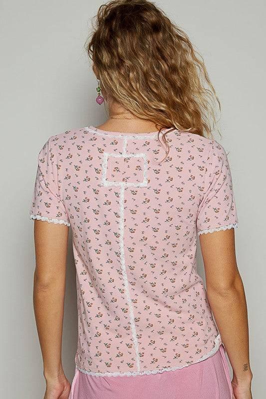 POL Lace Detail Floral V-Neck Button Detail Short Sleeve T-Shirt