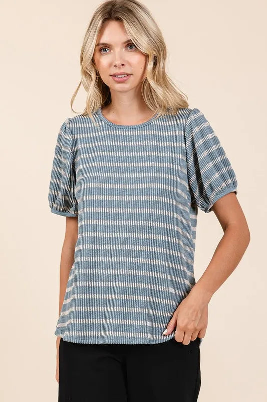 Mittoshop Contrast Striped Short Puff Sleeve Knit Top