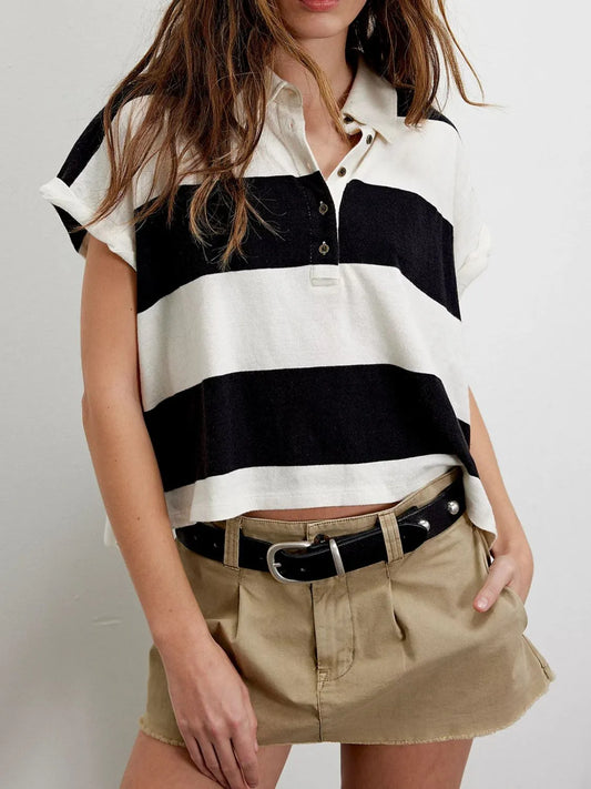 Striped Collared Neck Short Sleeve Top