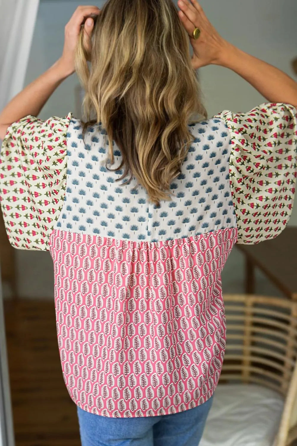 Floral Color Block Kimono Sleeves Blouse