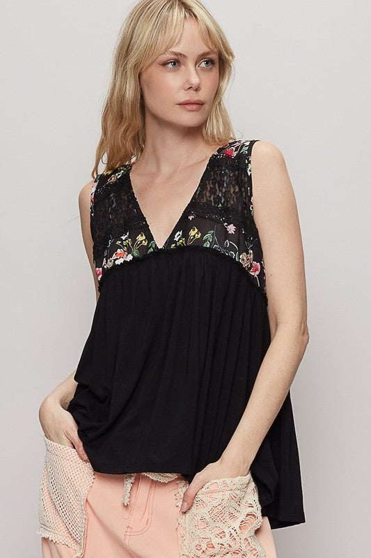 POL Lace Detail Frill Floral V-Neck Sleeveless Top