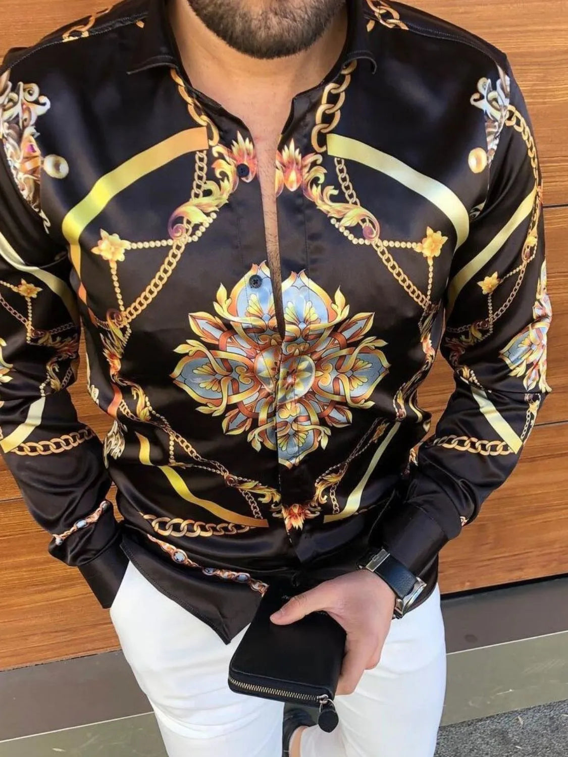 Men's Full Size Printed Collared Neck Long Sleeve Shirt Plus Size