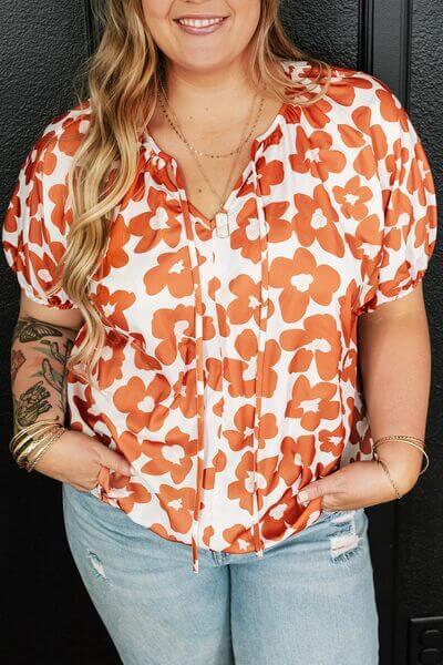 Plus Size Printed Tie Neck Short Sleeve Blouse - Clothes For Her Online Store