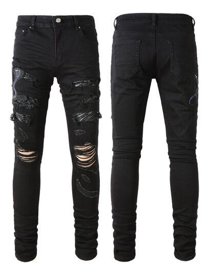 Men's Washed Snake Embroidered Slim Jeans