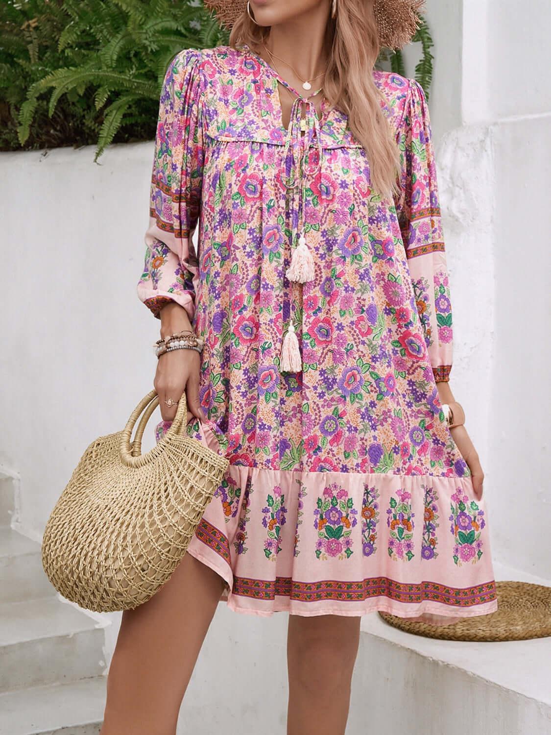 Devine Tassel Floral Tie Neck Mini Dress