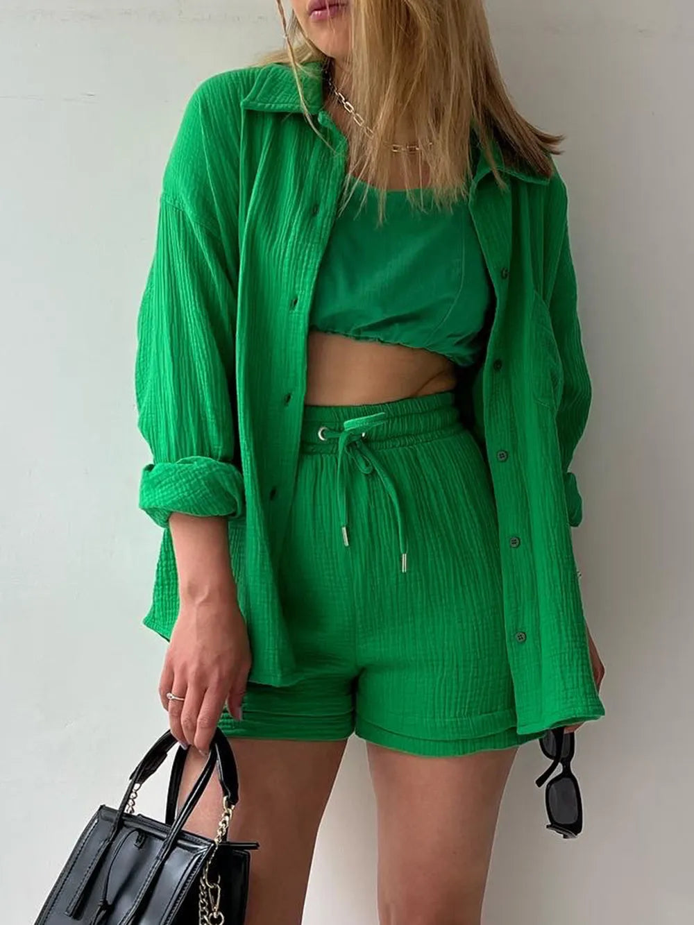 Texture Button Up Shirt and Drawstring Shorts Set - Clothes For Her Online Store