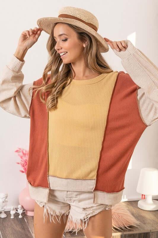 BiBi Waffle-Knit Exposed Seam Color Block Uneven Hem Top