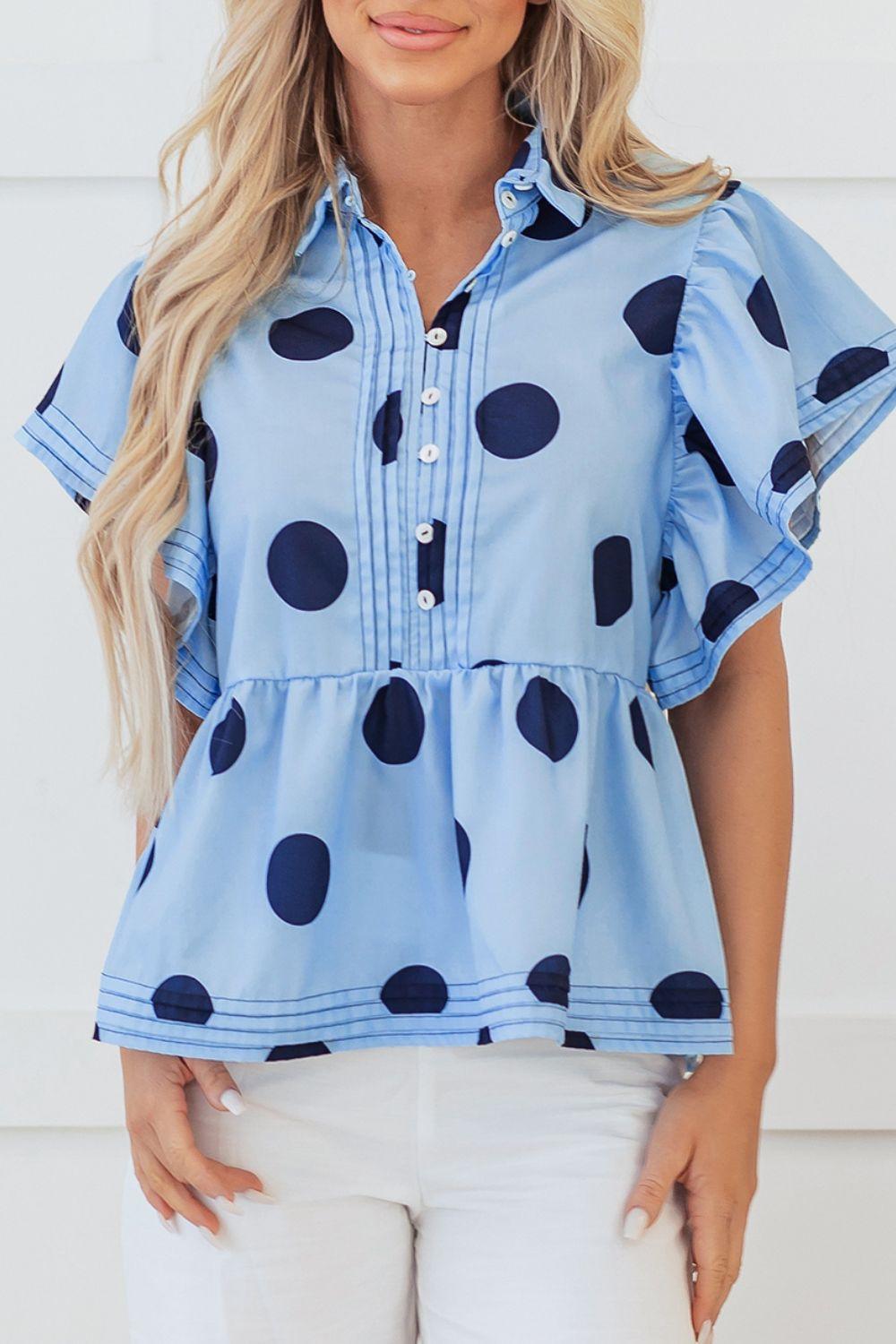 Polka Dot Print Ruffled Short Sleeve Buttoned Collared Blouse