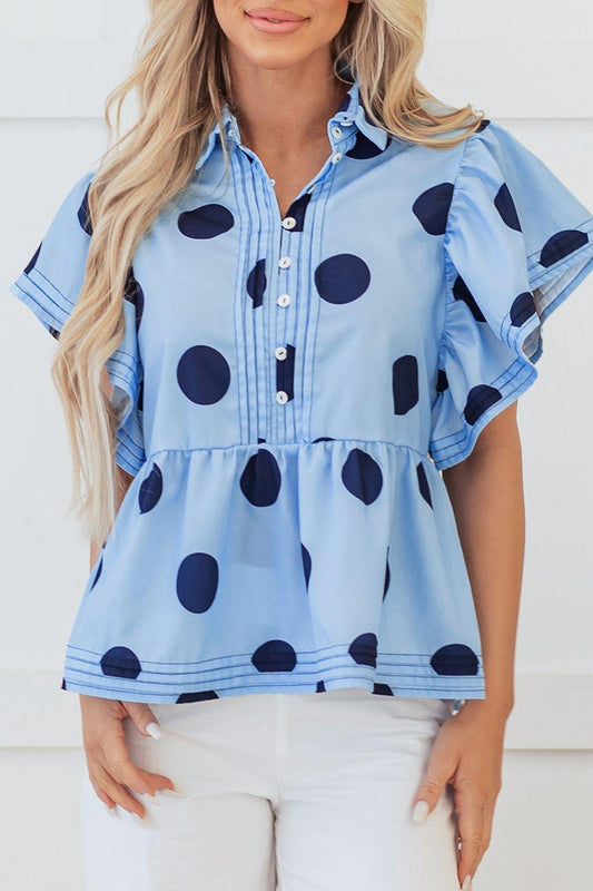 Polka Dot Print Ruffled Short Sleeve Buttoned Collared Blouse