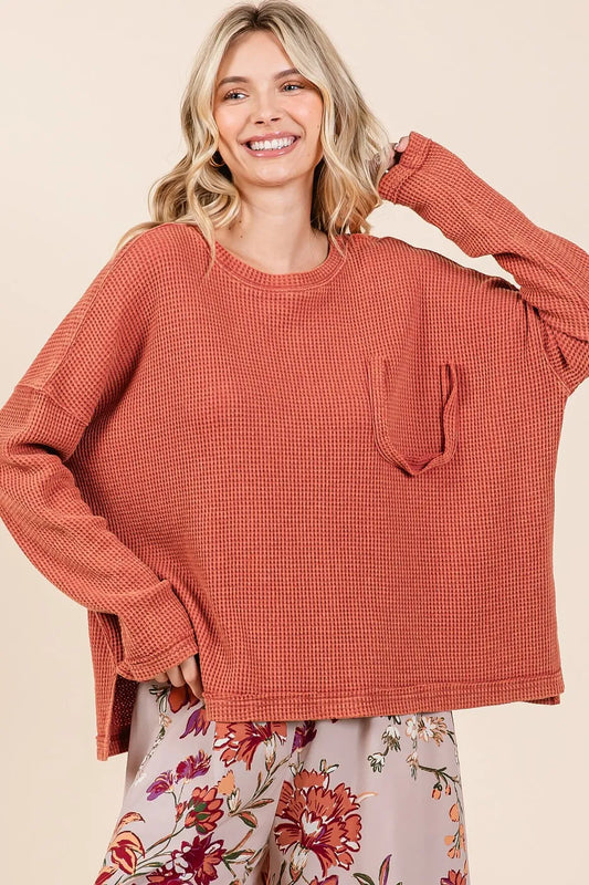 Mittoshop Mineral Wash Cutout Pocket Long Sleeve Waffle Top