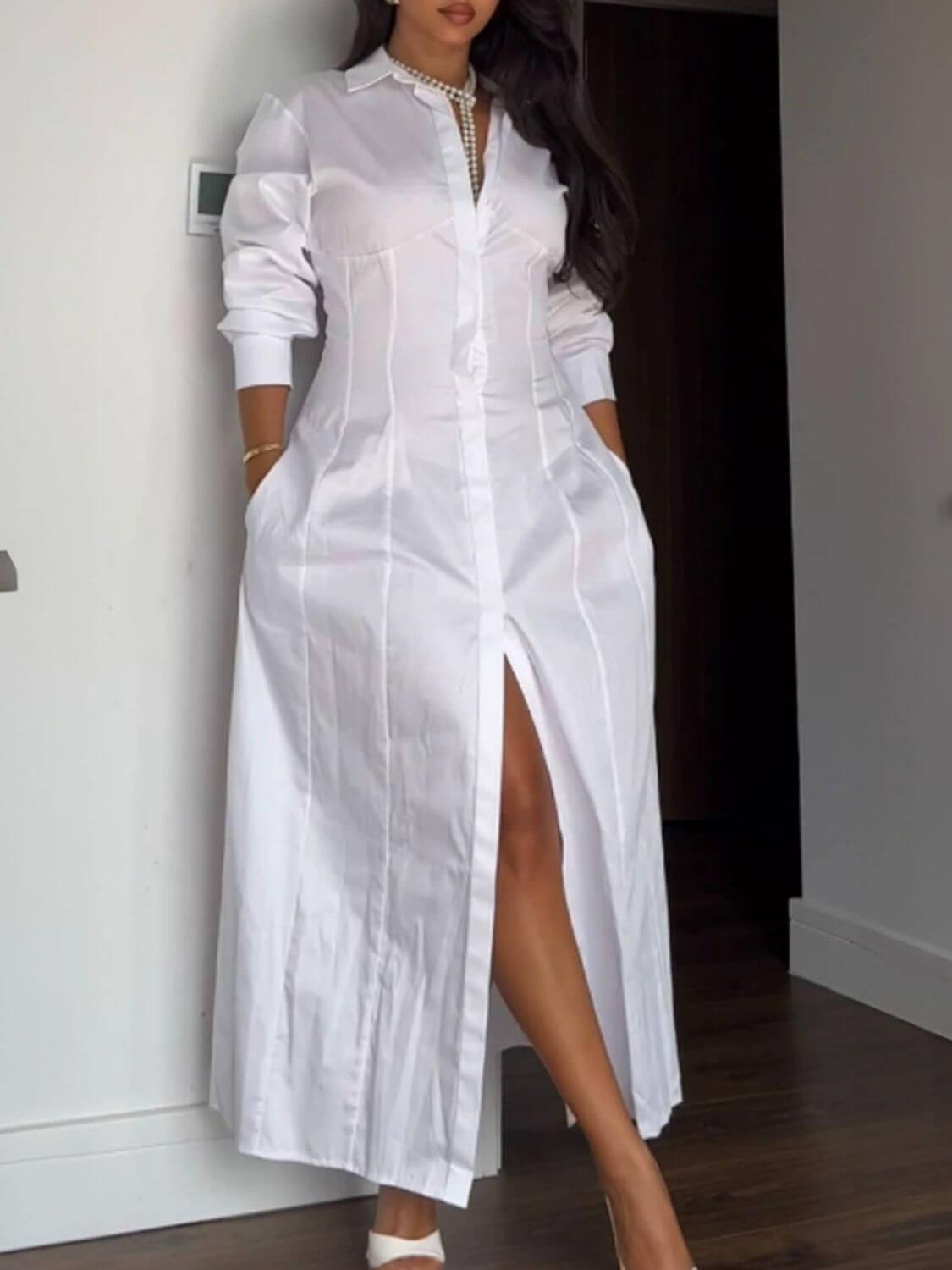 Devine Backless Long Sleeve Midi Shirt Dress