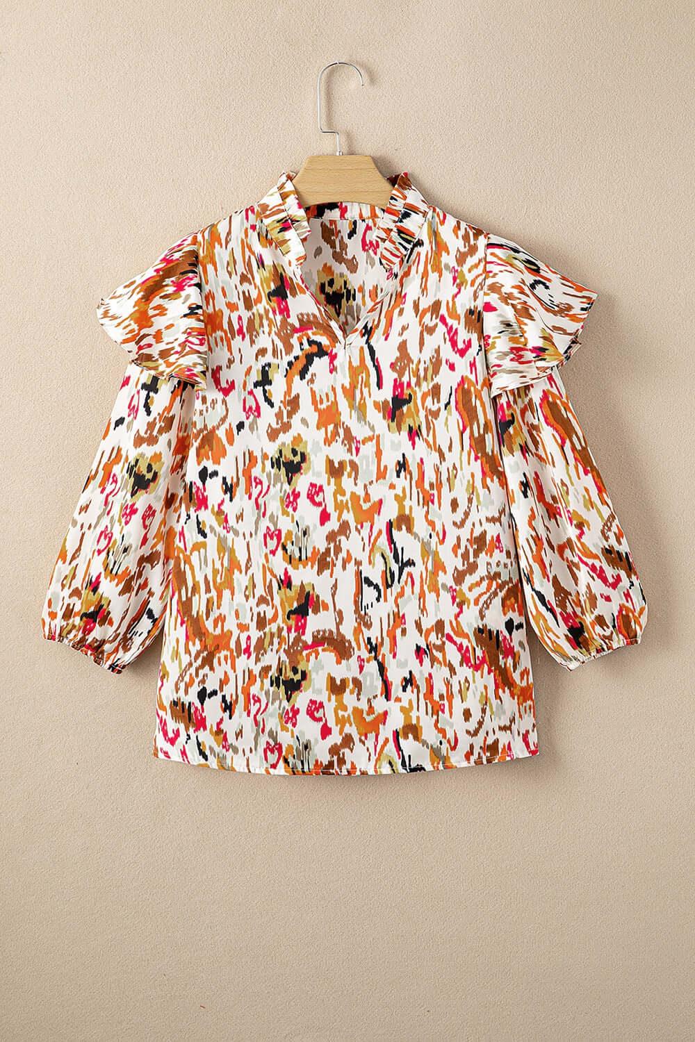 Abstract Print 3/4 Sleeve Ruffle Blouse