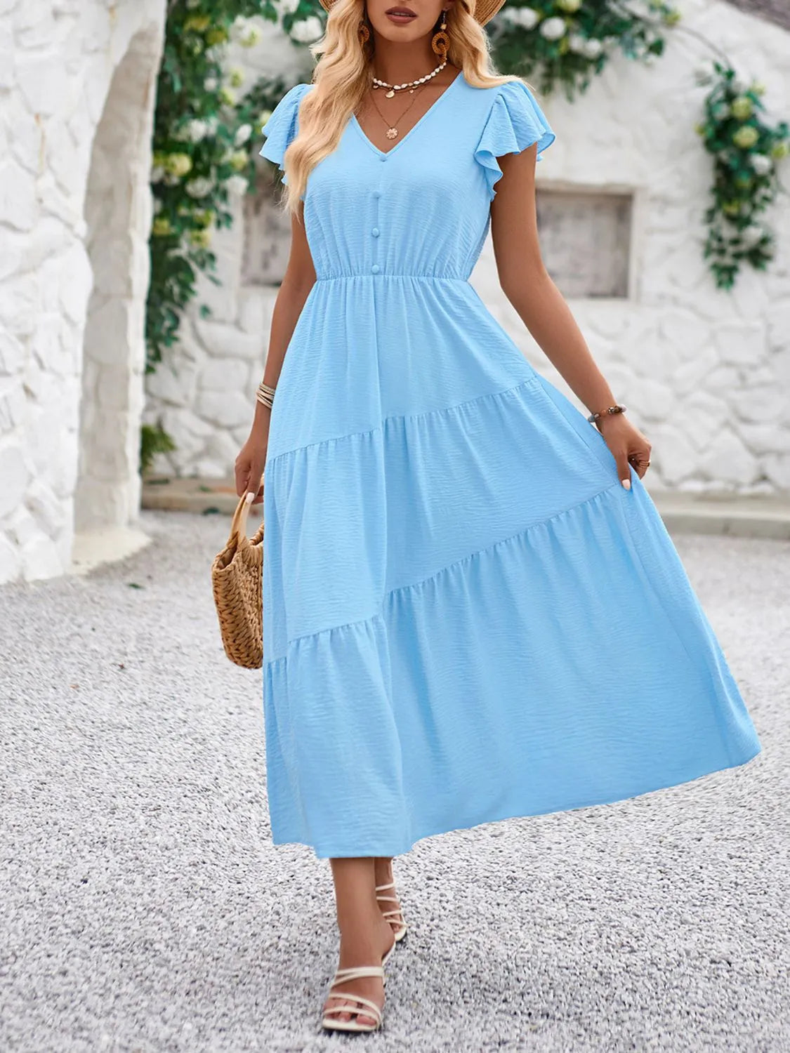 V-Neck Ruffle Sleeve Dress
