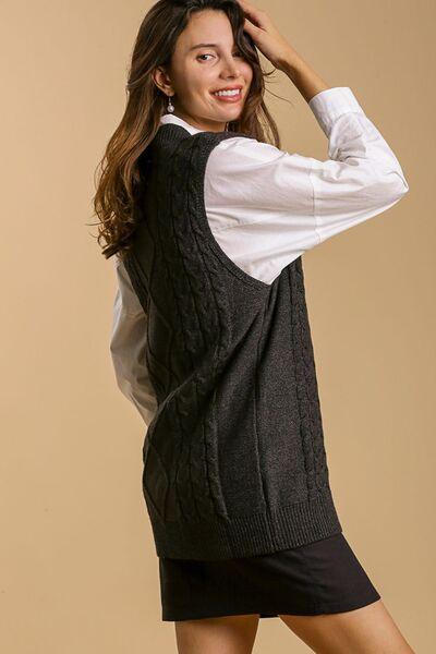 Umgee Full Size Cable V-Neck Vest Sweater Plus Size