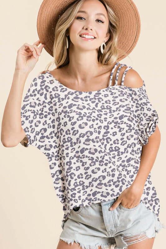 BiBi Leopard Asymmetrical Neck Short Sleeve T-Shirt