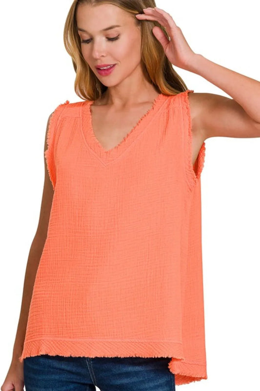 Zenana Double Gauze Raw Edge V-Neck Tank